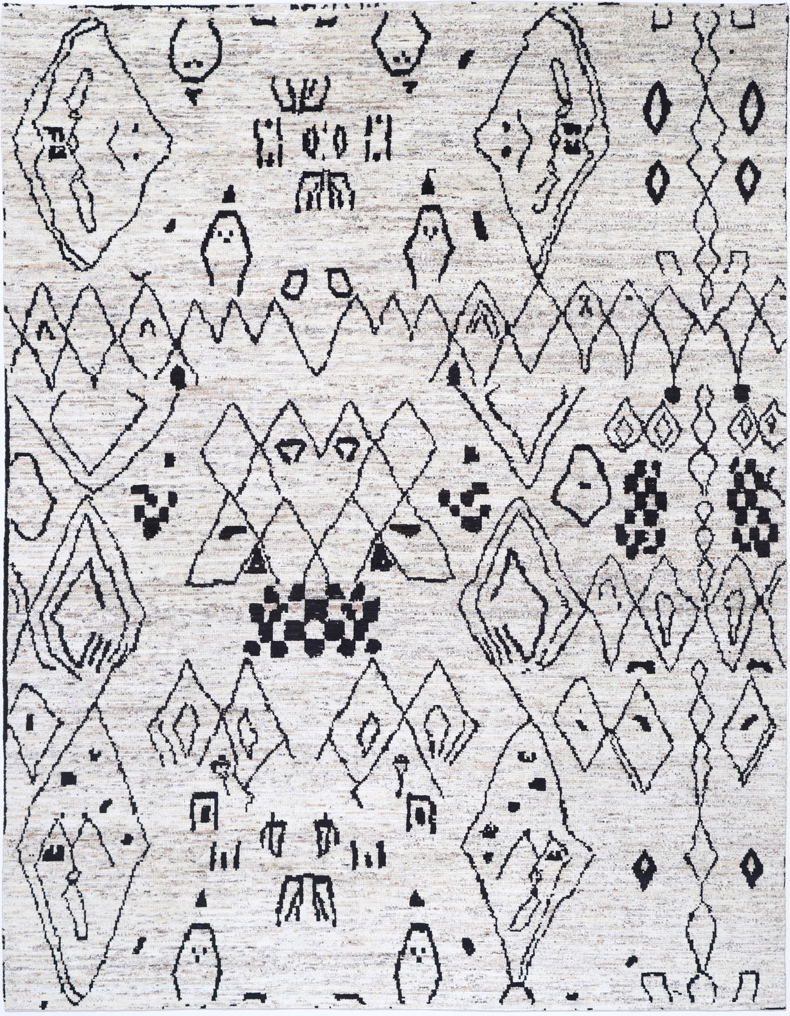 Fine Hand Knotted Morocan Wool Rug - 11'9" x 9'1": Expertly hand-knotted in Afghanistan, this wool rug from the Morocan collection measures 11'9" by 9'1", presenting a compelling rectangular canvas alive with vibrant tribal motifs. The bold, geometric