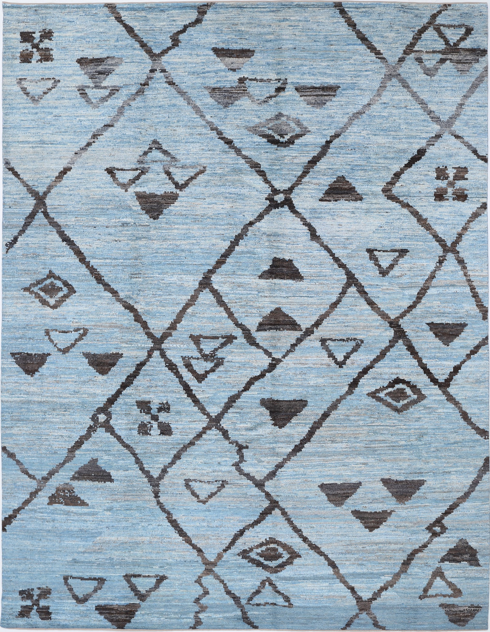Hand Knotted Morocan Wool Rug - 11'9" x 9'0": Woven with expert hands in Afghanistan, this hand-knotted wool rug from the Morocan collection measures a graceful 11'9" by 9'0" in a timeless rectangular shape. It showcases an evocative tribal desig