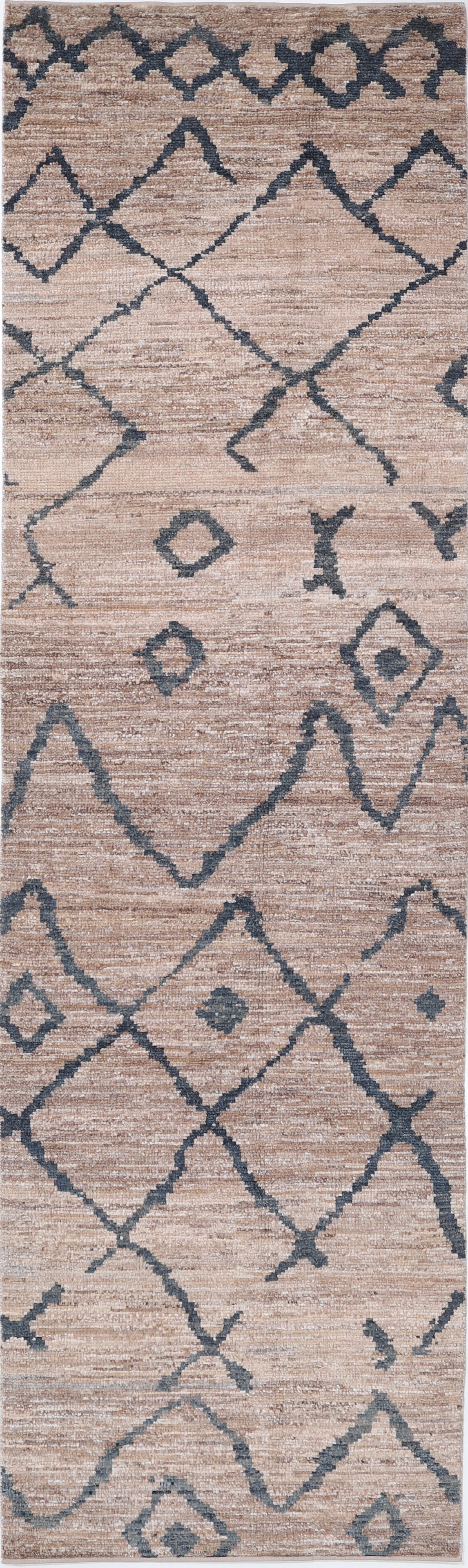 Hand Knotted Morocan Wool Runner - 11'8" x 3'1": This hand-knotted wool runner from Afghanistan?s Morocan collection measures 11?8? by 3?1?. Featuring a tribal style, the rug exhibits intricate geometric patterns in warm, earthy tones that highlight