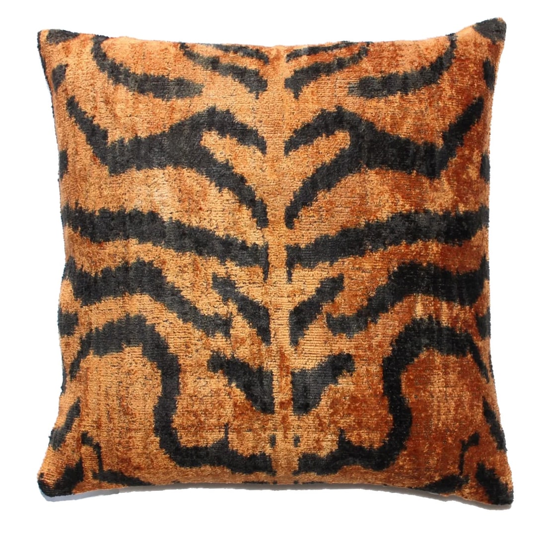 Contemporary Tiger Velvet Pillow: Gorgeous, luxury tiger silk velvet pillow has golden background with black tiger stripes.Pillow Cover is 100% handmade, designed and created with attention of detailsBohemian silk velvet ikat pillow w