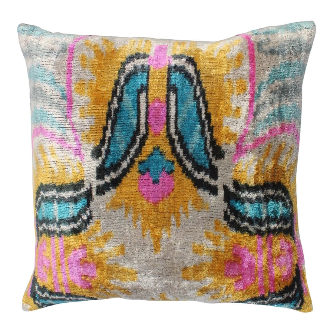 Contemporary Silk Velvet Ikat Bohemian Pillow: Bohemian silk velvet ikat pillow with vibrant colors of yellow, light blue, beige, and gold. Super hand soft. Hand madePillow has a zipper for closureInsert is included. / Dimensions :16?W ? 5?D ? 16?