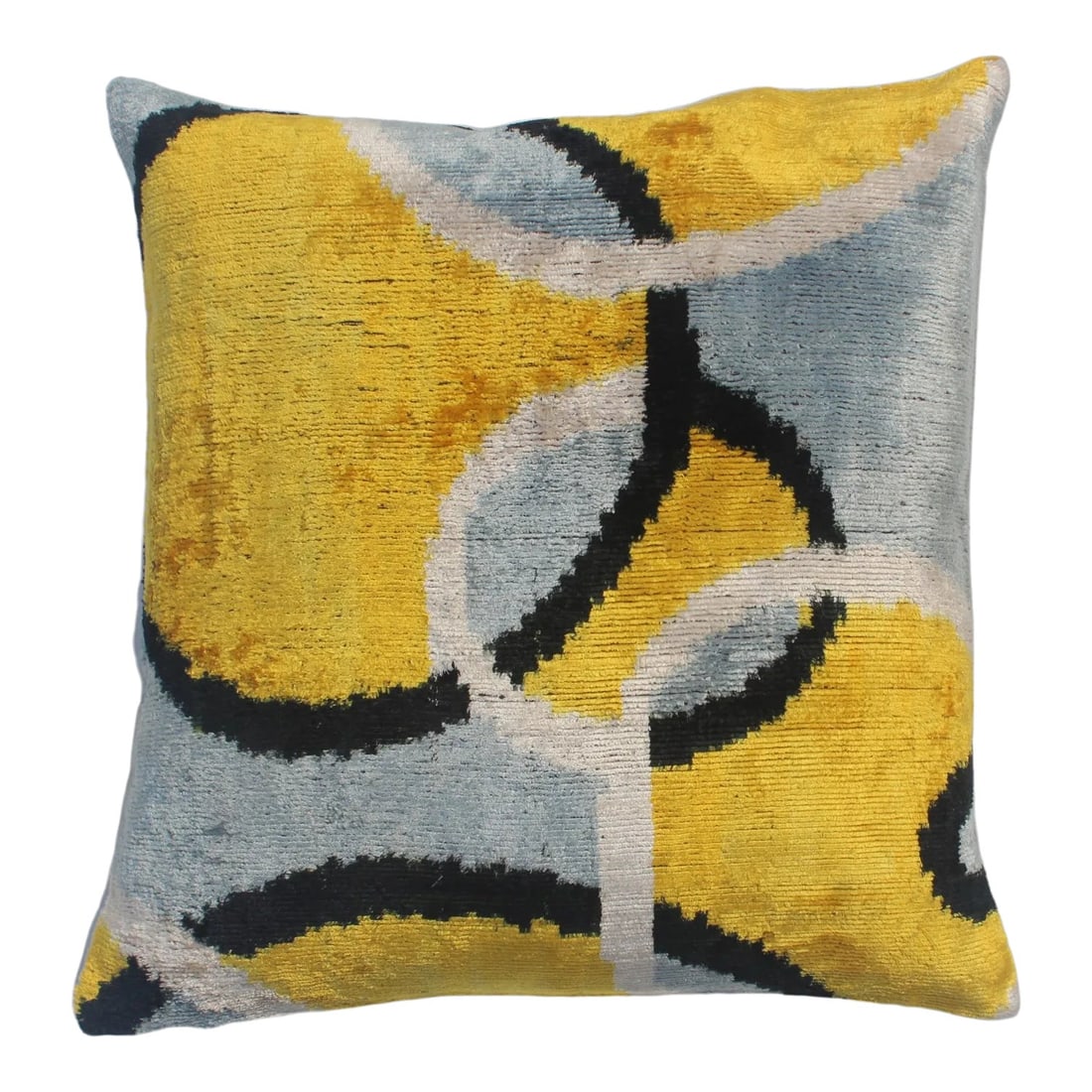 Contemporary Silk Velvet Ikat Pillow: Bohemian silk velvet ikat pillow with vibrant colors of Silver / yellow/black beige and Gray Super hand soft.Pillow has a zipper for closure. Insert included.Soft silk handwoven velvet pillow cover ha