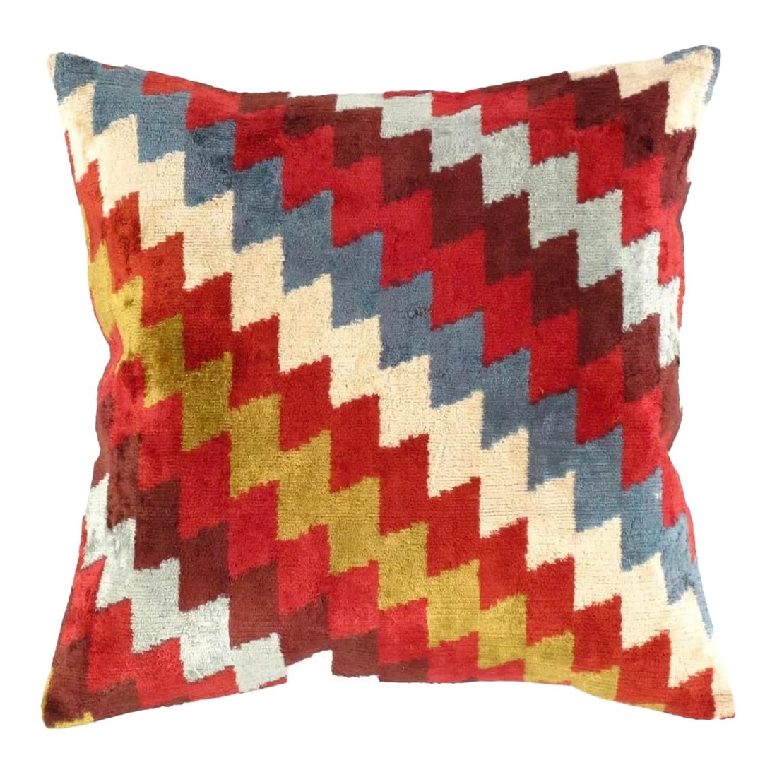 Contemporary Bohemian Multi Colors Velvet Ikat Pillow: Bohemian silk velvet ikat pillow with vibrant colors of red, beige and blue. Super hand soft.Pillow has a zipper for closure. Insert included.Bohemian Multi color Decor Pillow place anywhere in your h