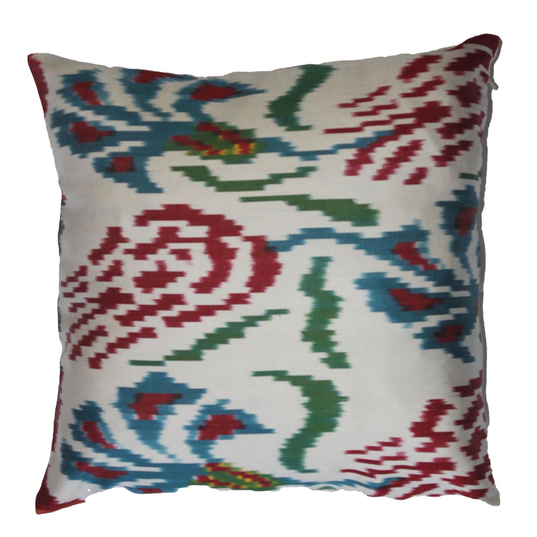 Contemporary Silk Ikat Bohemian Throw Pillow: Bohemian silk ikat pillow with vibrant colors of red, beige and blue. Super hand soft. Pillow has a zipper for closure. Insert is included. / Dimensions :20?W ? 7?D ? 20?H / Styles :Contemporary / Pat