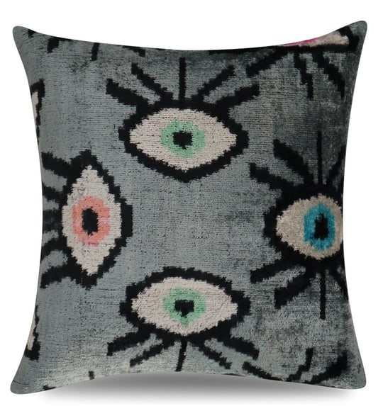 Handmade Luxury Handmade Velvet Silk Evil Eye Throw Pillow With Down Insert 16'' x 16'' (1 of 9)