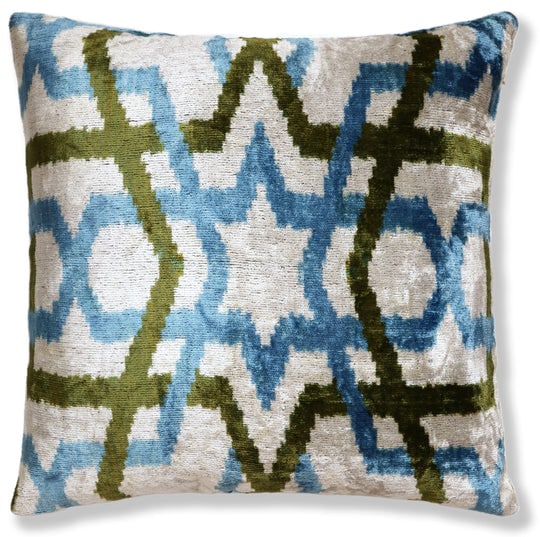 Hand-Knotted Silk Velvet Ikat Pillow - 16x16 Azure & Olive Star Lattice: Elevate your bespoke interior curation with the cool-toned sophistication of this hand-knotted silk velvet ikat pillow. Measuring 16x16 inches (40x40 cm), this piece features an architectural star-and