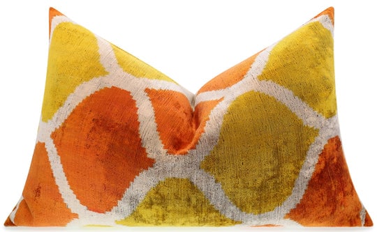 Handmade Fall Silk Velvet Throw Pillow - 16x24, Orange and Yellow Geometric Design with Down Feather (1 of 6)