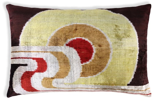 Retro Circle Silk Velvet Pillow 16x24 - Gold, Red & Maroon Luxe: Bold concentric circle design in rich silk velvetHandwoven in Turkey and Uzbekistan using vegetable dyesColors include gold, maroon, red, ivory, and ochreExpertly sewn in our California atelier by ski