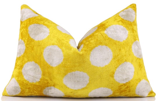 Luxury Silk Velvet Pillow 16x24 - Handmade Yellow Polka Dot Lumbar Cushion (1 of 8)