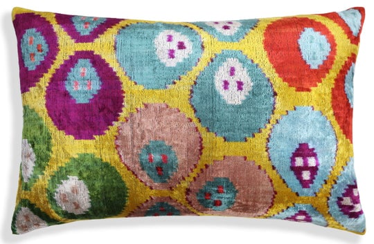 Silk Velvet Ikat Lumbar Pillow - Handmade in California (16x24): Handcrafted in our Campbell, California atelier using vegetable-dyed silk velvet from Turkey & UzbekistanPremium down-feather insert included for superior loft and long-lasting comfortVibrant ikat med