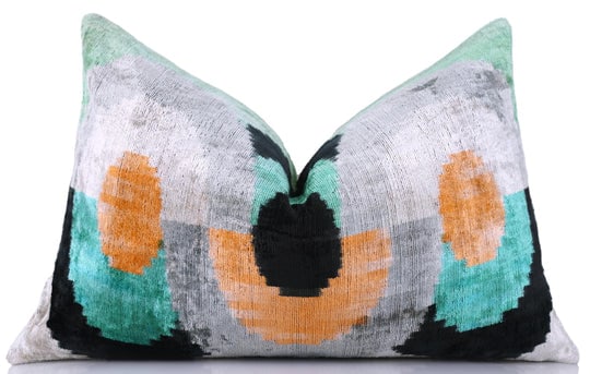 Green Orange Abstract Silk Velvet Lumbar Pillow - 16x24 Handmade Modern Cushion (1 of 8)