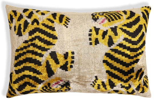Golden Tiger Silk Velvet Lumbar Pillow - 16x24 Handmade Designer Cushion: Size: 16x24 inches (40x60 cm)Material: 100% silk velvet, vegetable-dyed with natural pigmentsDesign: Iconic tiger motif in golden yellow, black, and ivoryBack: 100% natural cotton with hidden zipper c