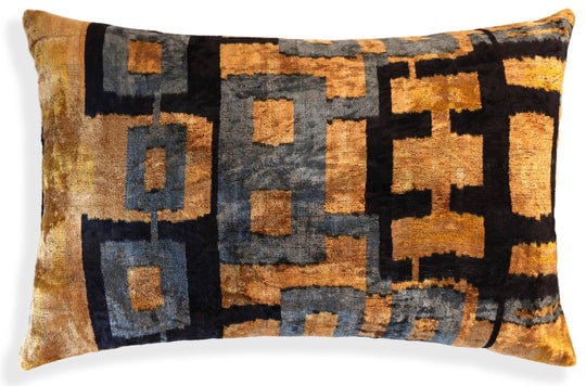 Bronze and Blue Geometric Silk Velvet Pillow 16x24 Handmade Luxury Cushion: Product Details:Size: 16x24 inches (40x60 cm)Material: 100% silk velvet, naturally vegetable dyedDesign: Handwoven geometric pattern in bronze, blue, and black tonesBack: 100% natural cotton with hidd