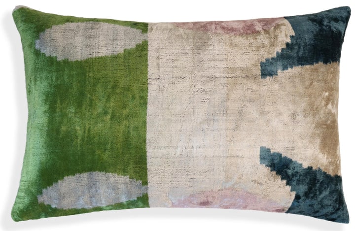 Green and Beige Abstract Silk Velvet Pillow 16x24 Handmade Luxury Cushion: Product Details:Size: 16x24 inches (40x60 cm)Material: 100% silk velvet, naturally vegetable dyedDesign: Abstract geometric pattern in green, beige, blush, and teal huesBack: 100% natural cotton with 