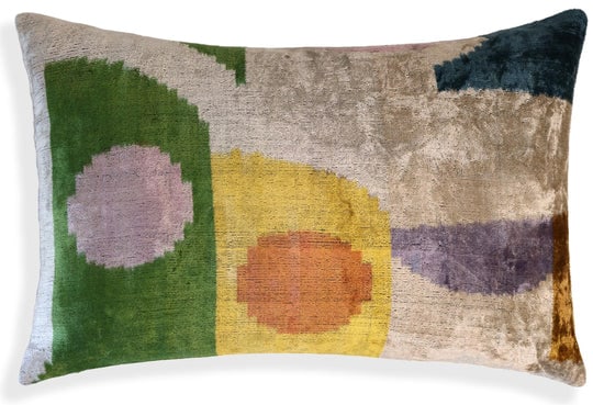 Green Yellow and Lilac Abstract Silk Velvet Pillow 16x24 Handmade Luxury Cushion: Product Details:Size: 16x24 inches (40x60 cm)Material: 100% silk velvet, vegetable dyed with natural pigmentsDesign: Abstract color block pattern with soft hues of green, yellow, lilac, and terracotta