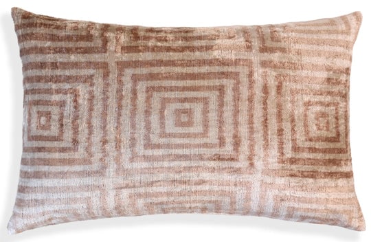 Beige Geometric Silk Velvet Pillow 16x24 Handmade Luxury Cushion: Product Details:Size: 16x24 inches (40x60 cm)Material: 100% silk velvet, hand-loomed and vegetable dyedDesign: Layered geometric square motif in warm beige and champagne tonesBack: 100% natural cotton