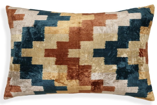 Geometric Rust and Teal Silk Velvet Pillow 16x24 Handmade Luxury Lumbar Cushion: Product Details:Size: 16x24 inches (40x60 cm)Material: 100% silk velvet, hand-loomed and vegetable dyedDesign: Modern geometric pattern in rust, teal, gold, and creamBack: 100% natural cotton with hid