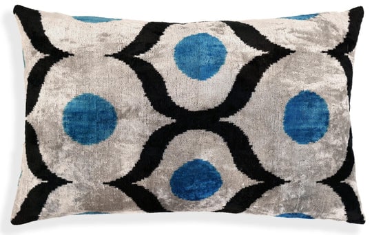 Blue Orbit Silk Velvet Pillow 16x24 Handmade Luxury Lumbar Cushion: Product Details:Size: 16x24 inches (40x60 cm)Material: 100% silk velvet, hand-loomed and vegetable dyedDesign: Modern geometric ?orbit" pattern in blue, black, and ivory tonesBack: 100% natural cotton