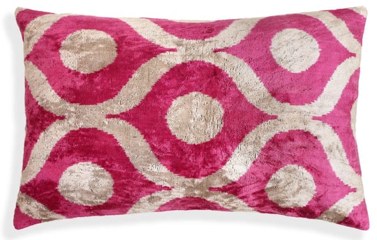 Fuchsia Orbit Silk Velvet Pillow 16x24 Handmade Luxury Lumbar Cushion: Product Details:Size: 16x24 inches (40x60 cm)Material: 100% silk velvet, hand-loomed and vegetable-dyedDesign: Contemporary orbit pattern in radiant fuchsia and champagne tonesBack: 100% natural cotto