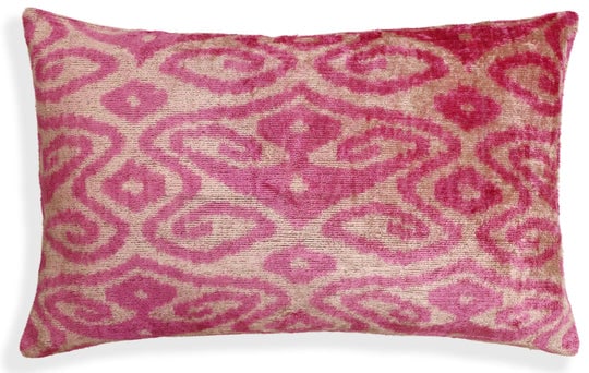 Rose Silk Velvet Pillow 16x24 Handmade Luxury Lumbar Cushion: Product Details:Size: 16x24 inches (40x60 cm)Material: 100% silk velvet, hand-loomed and vegetable-dyedDesign: Classic Ikat-inspired motif in soft rose pink and champagne tonesBack: 100% natural cotto