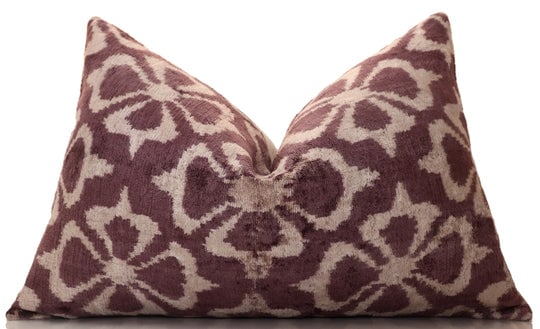 Luxury Silk Velvet Ikat Pillow in Mulberry and Cream 16x24 Inch with Down Feather Insert (1 of 8)