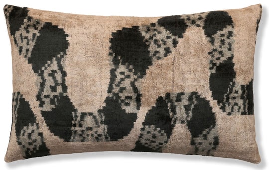 Luxury Black and Natural Silk Velvet Ikat Lumbar Pillow 16x24 Inch with Down Insert: This luxury silk velvet ikat lumbar pillow features a refined black pattern layered over a warm natural base, creating a bold yet understated statement. Handwoven, hand knotted, and organically vegeta