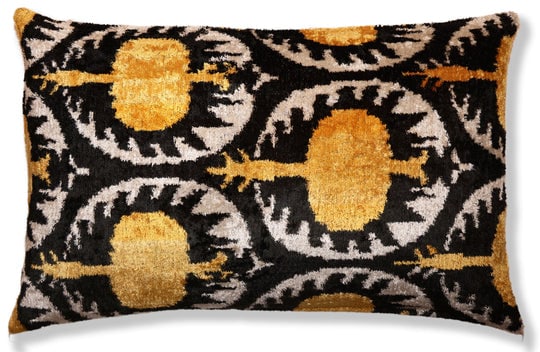 Luxury Black and Gold Silk Velvet Ikat Lumbar Pillow 16x24 Inch with Down Insert: This luxury silk velvet ikat lumbar pillow features a striking black ground accented with rich gold and soft ivory tones, creating a dramatic yet refined statement. Handwoven, hand knotted, and organi
