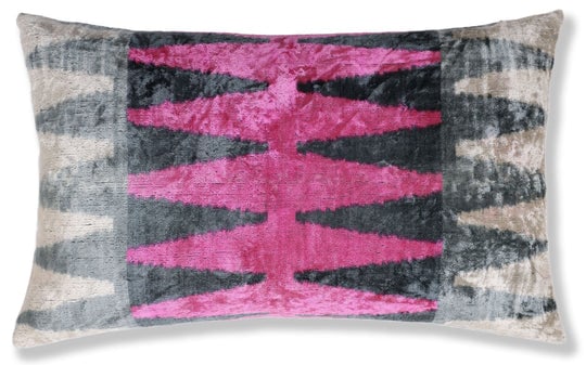 Luxury Pink, Charcoal and Natural Silk Velvet Ikat Lumbar Pillow 16x24 Inch with Down Insert: This luxury silk velvet ikat lumbar pillow features a striking composition of vivid pink layered with charcoal gray and soft natural tones, creating a bold yet refined visual statement. Handwoven, han