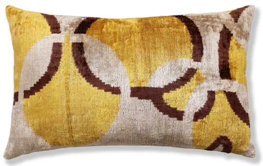 Luxury Mustard, Cream and Chocolate Silk Velvet Ikat Lumbar Pillow 16x24 Inch with Down Insert (1 of 8)