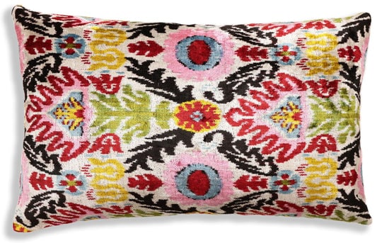 Hand-Knotted Vibrant Floral Silk Velvet Lumbar - 16x24 Pink & Yellow (1 of 8)