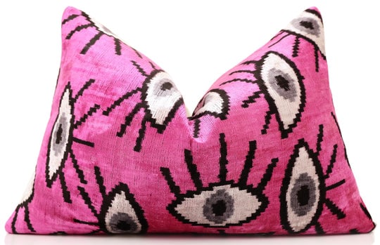 Handmade Velvet Ikat Eye Lumbar Pillow 16x24 | Pink Statement: Unapologetically bold and visually magnetic, this handcrafted lumbar pillow transforms any interior into a curated statement. The expressive ?eye" motif, rendered in a vivid fuchsia ground with graphi