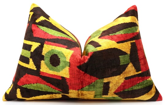 Handmade Velvet Ikat Lumbar Pillow 16x24 | Multicolor Geometric: A bold composition of color, movement, and artisan texture, this handcrafted lumbar pillow reads like a modern textile artwork. The interplay of saturated tones and geometric abstraction creates a dyn
