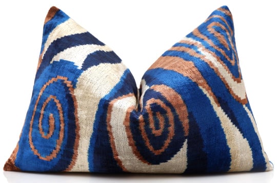 Handmade Velvet Ikat Lumbar Pillow 16x24 | Blue Swirl Stripe (1 of 8)