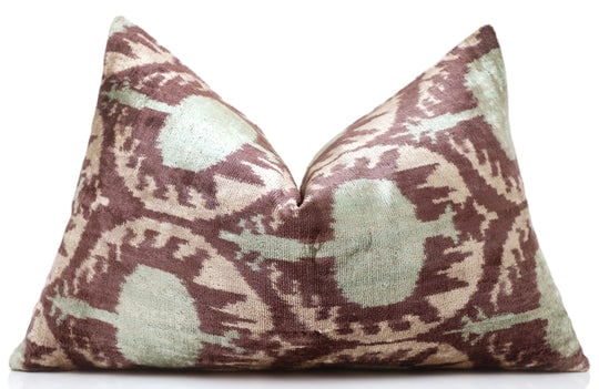 Handmade Velvet Ikat Lumbar Pillow 16x24 | Dusty Rose & Sage Medallion: A softer, more nuanced expression of traditional Ikat, this handcrafted lumbar pillow introduces a refined medallion motif interpreted through an organic, painterly lens. The design features repeating
