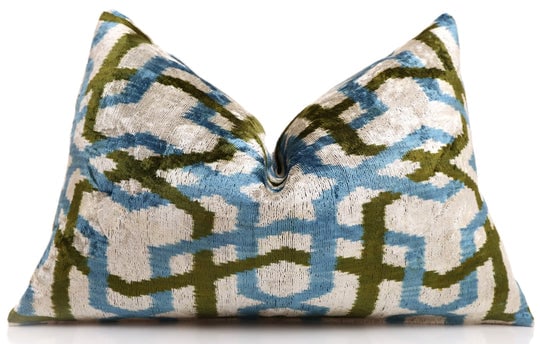 Handmade Velvet Ikat Lumbar Pillow 16x24 | Sky Blue & Olive Trellis: A refined balance of structure and softness, this handmade Ikat lumbar pillow introduces a geometric trellis motif softened by the organic nature of traditional dyeing techniques. The pattern feels ar