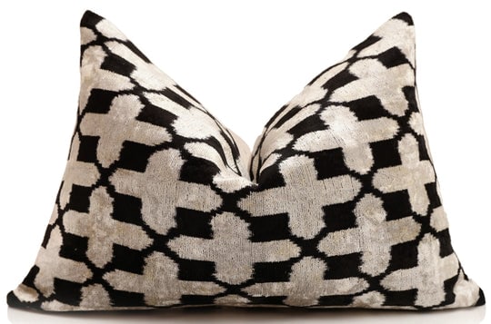 Handmade Velvet Ikat Lumbar Pillow 16x24 | Black & Ivory Geometric (1 of 8)