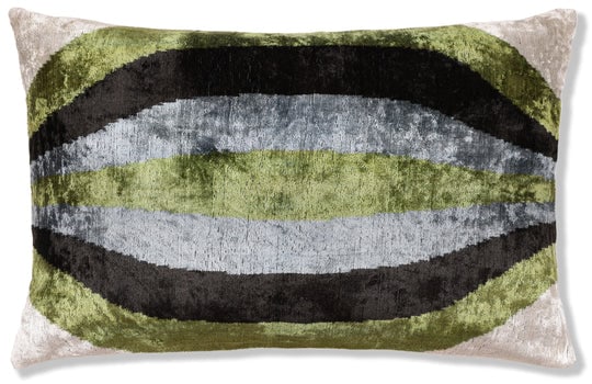 Handmade Olive Green & Charcoal Ikat Velvet Lumbar Pillow 16x24 | Modern Organic Accent: Grounded, sophisticated, and effortlessly modern, this handmade Ikat lumbar pillow brings a rich, organic palette into refined interiors. The design features layered horizontal bands in olive green, c