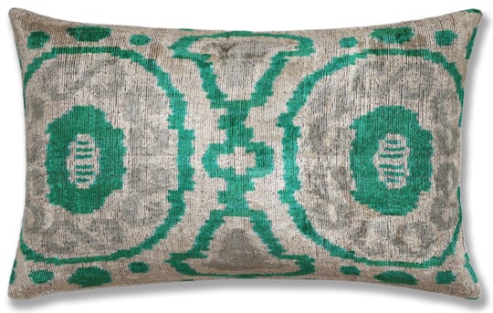 Hand-Knotted Silk Velvet Ikat Lumbar Pillow - 16x24 Emerald & Silver: Masterfully hand-woven, this 16x24-inch (40x60 cm) silk velvet lumbar pillow is a high-luxury accent designed for the most discerning residential interiors. The textile features a symmetrical, large-s