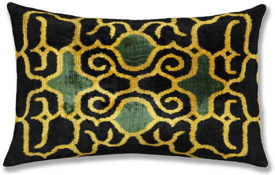 Hand-Knotted Silk Velvet Ikat Lumbar Pillow - 16x24 Gold & Forest Green (1 of 8)