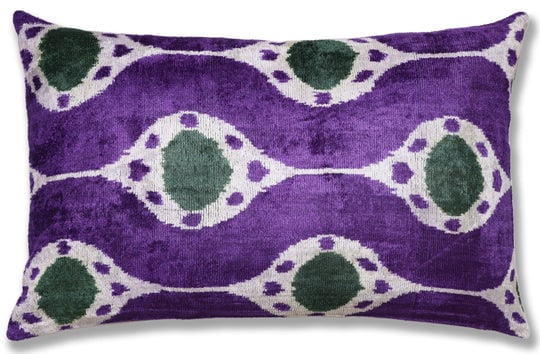 Hand-Knotted Silk Velvet Ikat Lumbar Pillow - 16x24 Royal Purple & Forest Green (1 of 8)