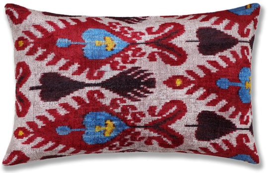 Hand-Knotted Silk Velvet Ikat Lumbar Pillow - 16x24 Ruby & Azure Multi: Capture the vibrant spirit of heritage craftsmanship with this masterfully hand-knotted silk velvet ikat lumbar pillow. Measuring 16x24 inches (40x60 cm), this statement piece features an intricate, h