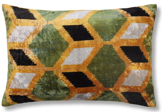 Hand-Knotted Silk Velvet Ikat Lumbar Pillow - 16x24 Moss & Ochre (1 of 8)