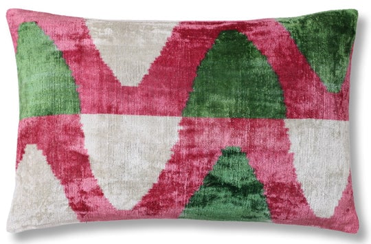 Hand-Knotted Silk Velvet Ikat Lumbar Pillow - 16x24 Pink & Grass Green (1 of 8)