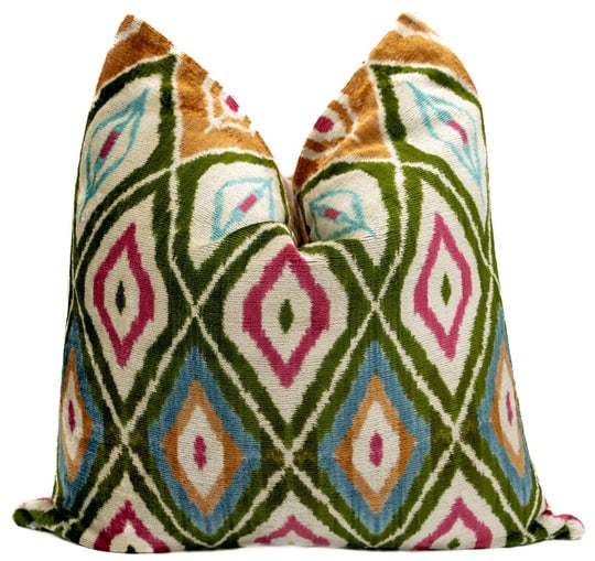 Handmade Velvet Throw Pillow with Multicolor Diamond Ikat Design - High-Quality 20x20 Inch (1 of 6)