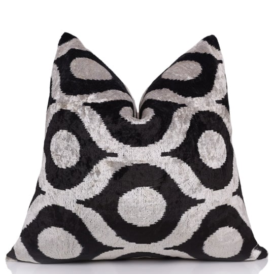 Black Silver Silk Velvet Pillow - 20x20 Handmade Modern Ikat Cushion (1 of 8)