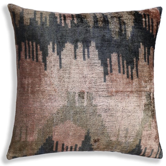 The Abstract Landscape Painterly Silk Velvet Pillow - Dusty Rose & Charcoal 20x20: Introduce a touch of artistic expression to your home with this exquisite 20x20 inch silk velvet pillow. The design features a captivating abstract ikat pattern that resembles a watercolor painting or