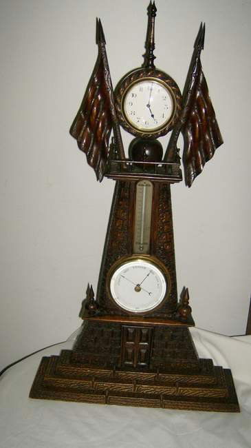 Carved black forest style 8 day barometer-thermome: Carved black forest style 8 day barometer-thermometer & French clock, 31"h, 17"l, 5"d