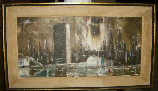 Oil on canvas City Scape by Robert Lebron: Oil on canvas City Scape by Robert Lebron, signed