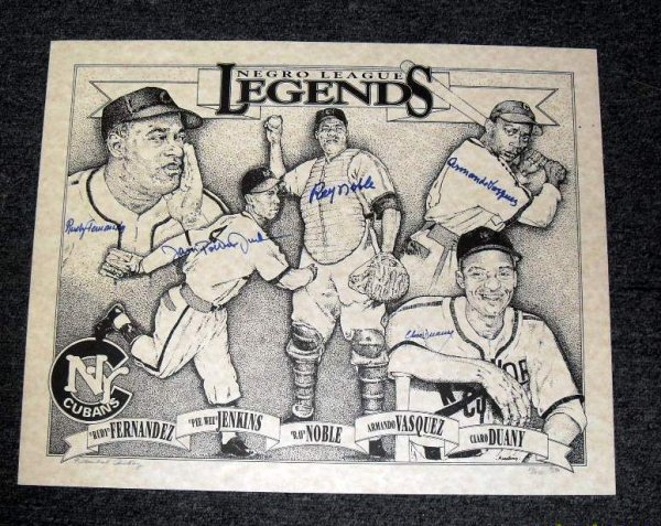 Negro League Lithograph NY Cuban Stars: Negro League Lithograph NY Cuban Stars, signed by 5 players Ray Noble, Rudy Fernandez, Pee Wee Jenkins, Claro Dunay, all deceased, Armando Vasquez