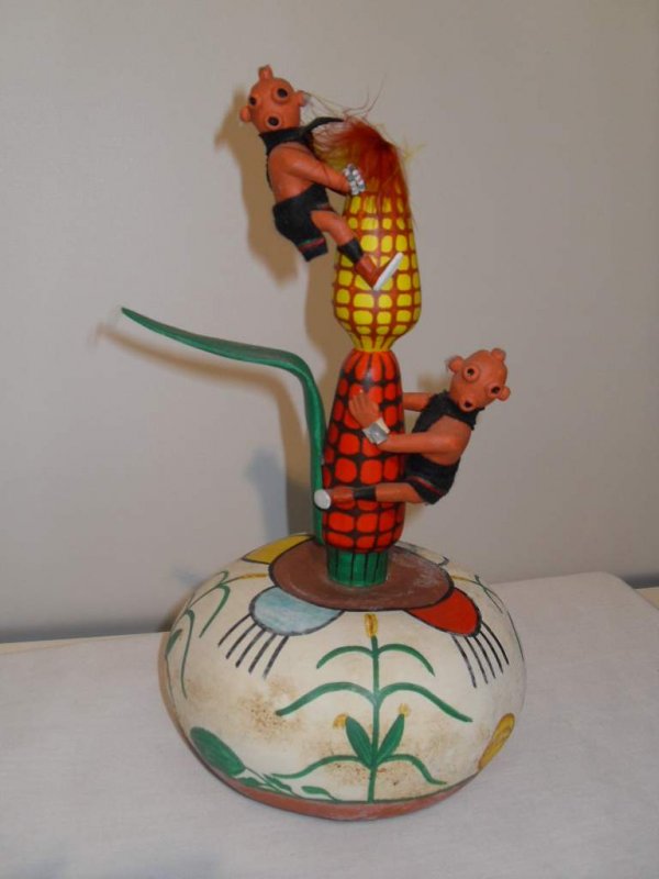 Kachina Mudhead doll on hand painted gourd